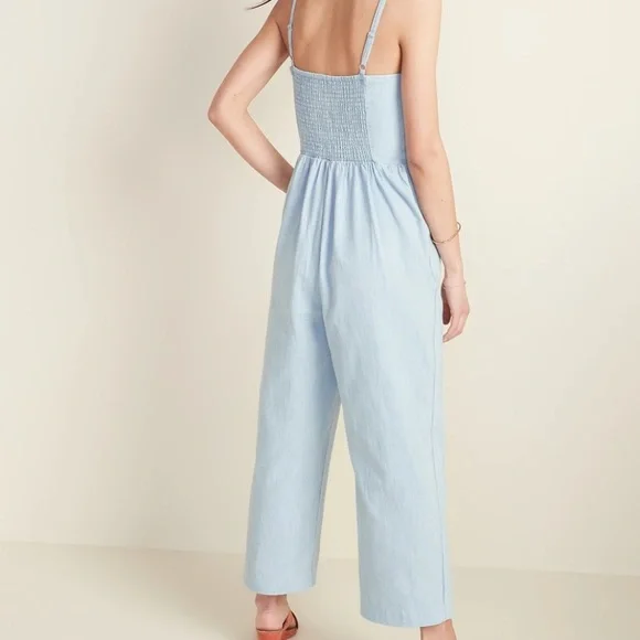 Old Navy Light Wash Chambray Button Front Straight Leg Jumpsuit - Picture 2 of 6